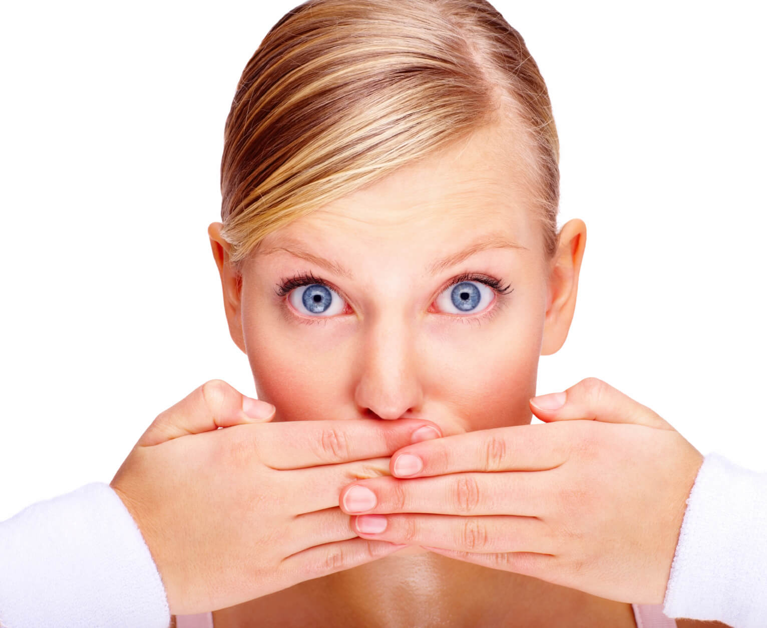 Blond woman covering her mouth with both hands